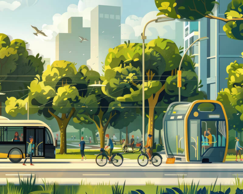 Vektorbild das eine Stadt mit Bussen, Fahrrädern und einem Park zeigt.