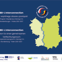 BB-L Interconnection Projektgrafik auf der kartografisch Teilflächen von Brandenburg und Polen, sowie zwei gegen den Uhrzeigersinn rotierende Pfeile in den Landesfarben von Deutschland und Polen zu sehen ist.