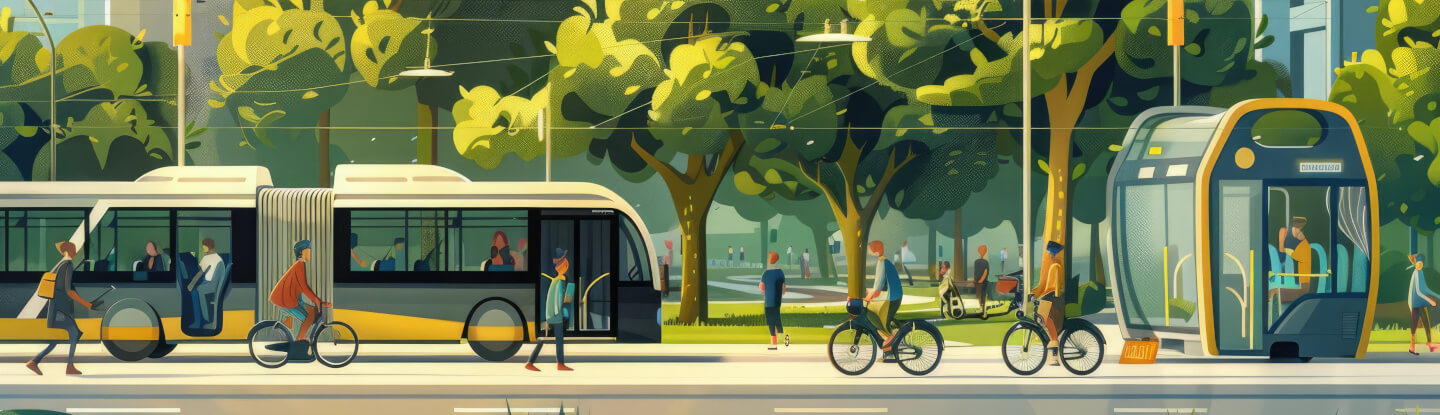 Vektorbild das eine Stadt mit Bussen, Fahrrädern und einem Park zeigt.