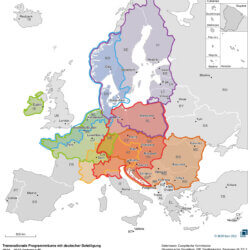 Übersichtskarte der Transnationalen Programmräume mit deutscher Beteiligung 2021-2027.