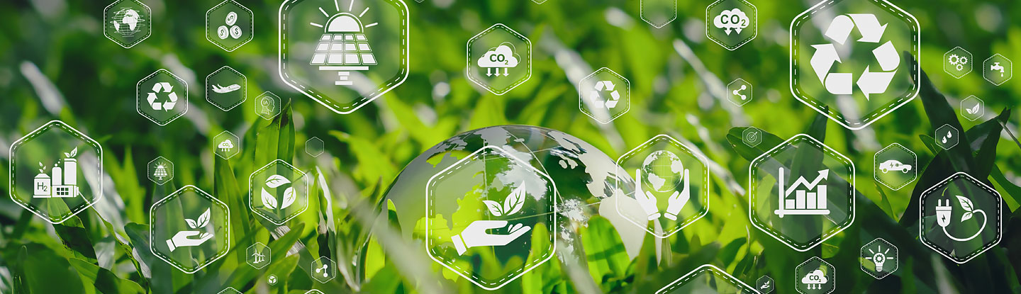 Das Foto zeigt vor grünem Hintergrund zahlreiche Symbole, die für verschiedene Bewertungskriterien stehen, wie Nutzung erneuerbarer Energien, Kreislaufwirtschaft, Wachstum, Umweltschutz oder Kultur.