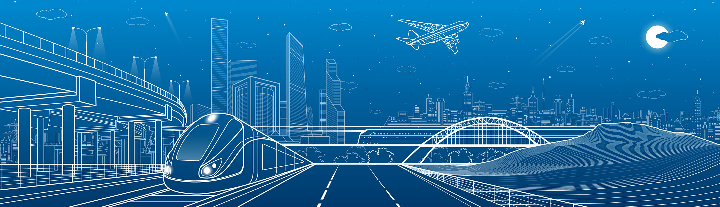 Die weiße Strichzeichnung vor blauem Hintergrund zeigt Anlagen der Verkehrsinfrastruktur wie Brücken, Schienenstrecken und Straßen vor der Silhouette von Städten mit Hochhäusern, Windräder, Hochspannungsmasten und Flugzeuge.