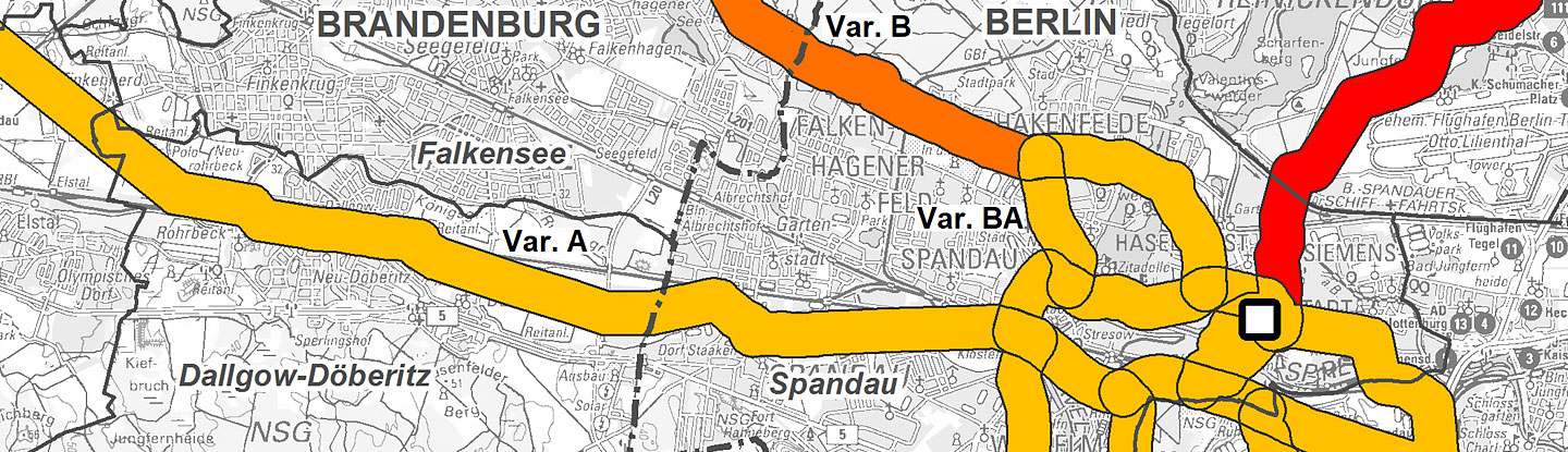 Die Karte zeigt im westlichen Bereich Teile der Brandenburger Landkreise Oberhavel mit den Gemeinden Hennigsdorf und Oberkrämer sowie Havelland mit den Gemeinden Schönwalde-Glien, Brieselang, Falkensee, Wustermark und Dallgow-Döberitz und im östlichen Bereich einen Teil Berlins mit den Bezirken Reinickendorf, Spandau und Charlottenburg-Wilmersdorf.